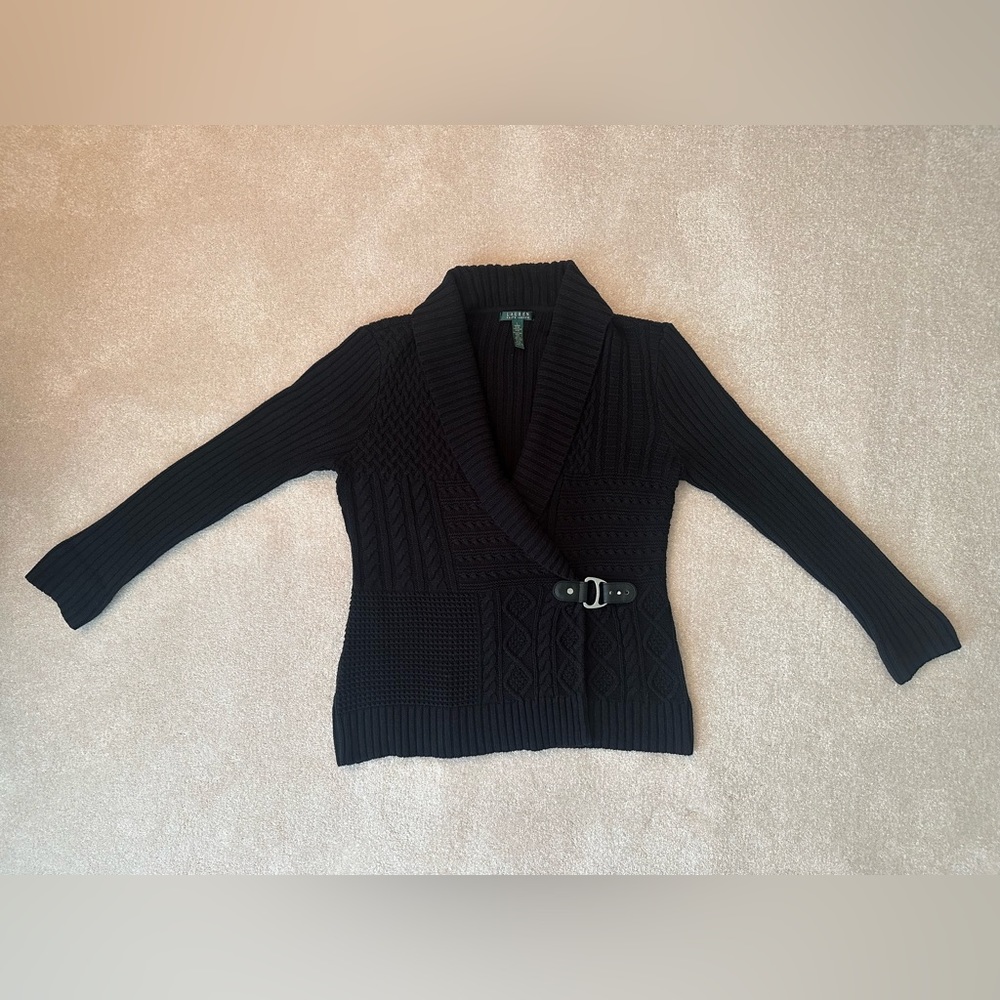 Lauren By RALPH LAUREN - Women's Black Knit Buckled Cotton Sweater (L)